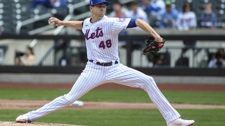 May 9, 2021; New York City, New York, USA;  New York Mets pitcher Jacob deGrom (48) pitches in the first inning against the Arizona Diamondbacks at Citi Field. Mandatory Credit: Wendell Cruz-USA TODAY Sports