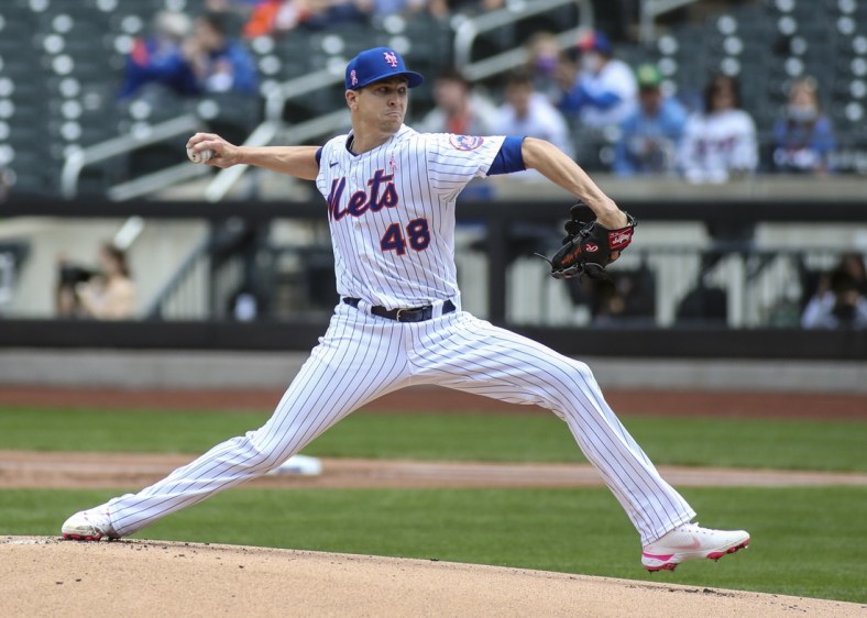 May 9, 2021; New York City, New York, USA;  New York Mets pitcher Jacob deGrom (48) pitches in the first inning against the Arizona Diamondbacks at Citi Field. Mandatory Credit: Wendell Cruz-USA TODAY Sports