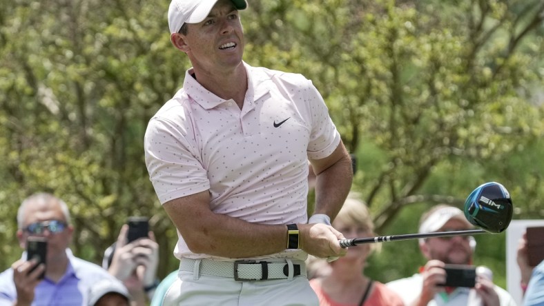 May 9, 2021; Charlotte, North Carolina, USA; Rory McIlroy watches his tee shot on 2 during the final round of the Wells Fargo Championship golf tournament. Mandatory Credit: Jim Dedmon-USA TODAY Sports