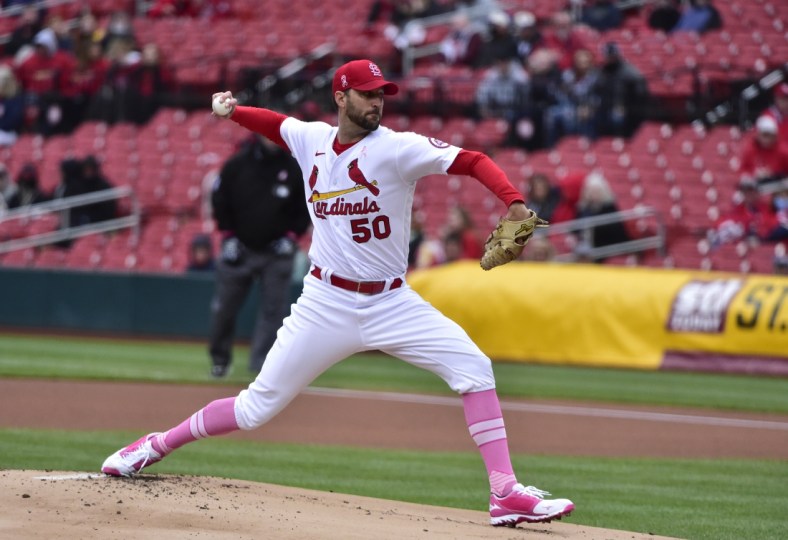 May 9, 2021; St. Louis, Missouri, USA;  St. Louis Cardinals starting pitcher Adam Wainwright (50) pitches during the first inning against the Colorado Rockies at Busch Stadium. Mandatory Credit: Jeff Curry-USA TODAY Sports