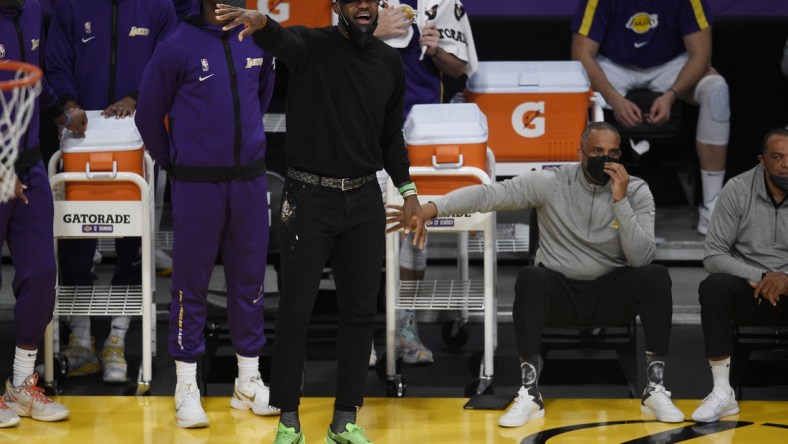 May 9, 2021; Los Angeles, California, USA; Los Angeles Lakers forward LeBron James (23) yells from the sidelines during the second half against the Phoenix Suns at Staples Center. Mandatory Credit: Kelvin Kuo-USA TODAY Sports