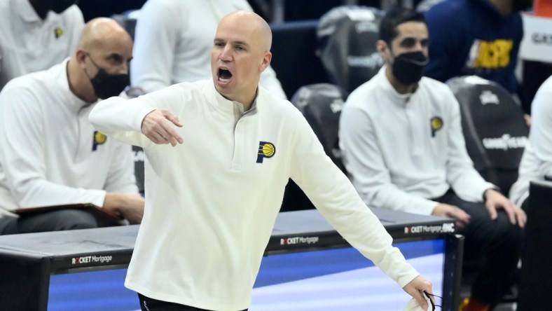 May 10, 2021; Cleveland, Ohio, USA; Indiana Pacers head coach Nate Bjorkgren reacts in the second quarter against the Cleveland Cavaliers at Rocket Mortgage FieldHouse. Mandatory Credit: David Richard-USA TODAY Sports