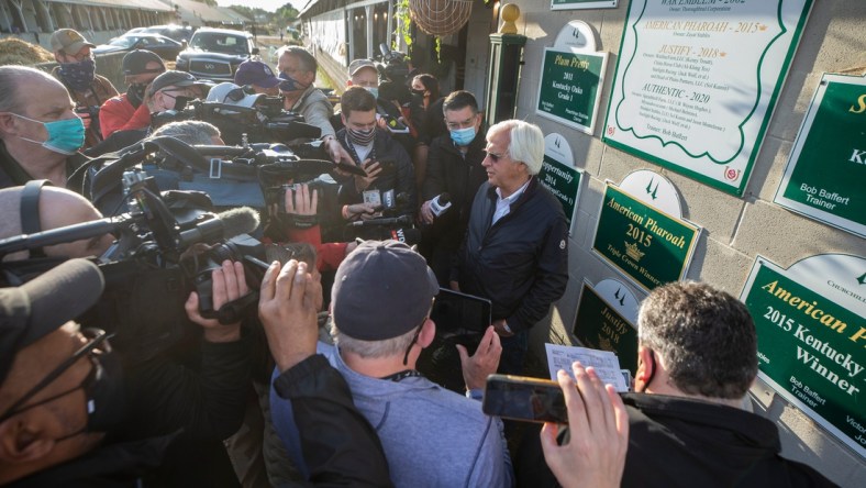 Bob Baffert spoke with the media in front of his barn on the backside of Churchill Downs the day after his seventh victory in the Kentucky Derby with Medina Spirit. May 2, 2021

Aj4t9290