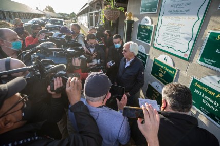 Bob Baffert spoke with the media in front of his barn on the backside of Churchill Downs the day after his seventh victory in the Kentucky Derby with Medina Spirit. May 2, 2021

Aj4t9290