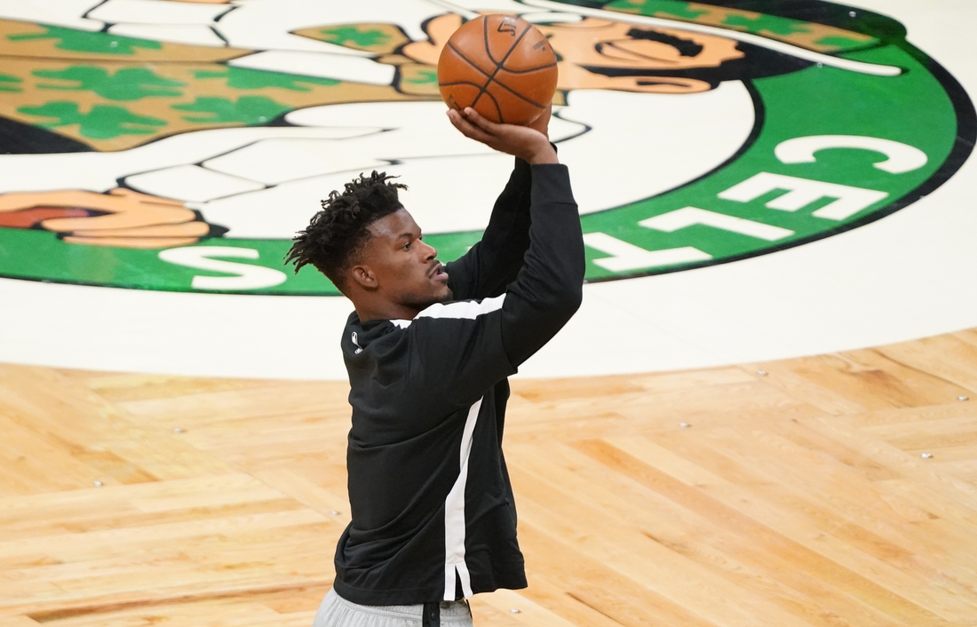 May 11, 2021; Boston, Massachusetts, USA; Miami Heat forward Jimmy Butler (22) warms up before the start of the game against the Boston Celtics at TD Garden. Mandatory Credit: David Butler II-USA TODAY Sports