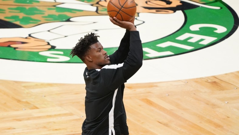 May 11, 2021; Boston, Massachusetts, USA; Miami Heat forward Jimmy Butler (22) warms up before the start of the game against the Boston Celtics at TD Garden. Mandatory Credit: David Butler II-USA TODAY Sports