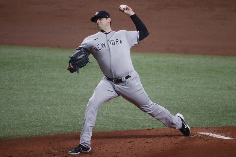 May 11, 2021; St. Petersburg, Florida, USA;  New York Yankees starting pitcher Jordan Montgomery (47) throws a pitch during the first inning against the Tampa Bay Rays at Tropicana Field. Mandatory Credit: Kim Klement-USA TODAY Sports