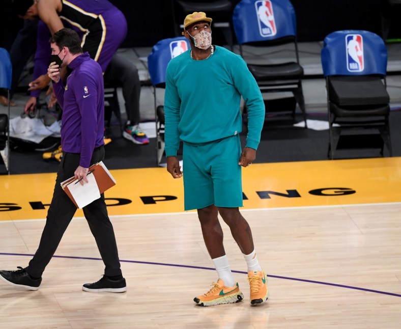 May 11, 2021; Los Angeles, California, USA;  Los Angeles Lakers forward LeBron James (23) stands on the court during a time out in the game against the New York Knicks at Staples Center. Mandatory Credit: Jayne Kamin-Oncea-USA TODAY Sports