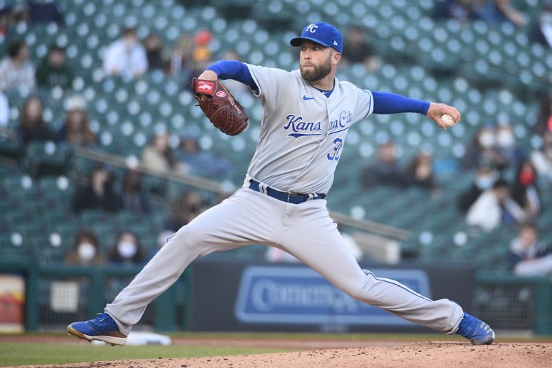 May 12, 2021; Detroit, Michigan, USA; Kansas City Royals starting pitcher Danny Duffy (30) pitches the ball during the second inning against the Detroit Tigers at Comerica Park. Mandatory Credit: Tim Fuller-USA TODAY Sports