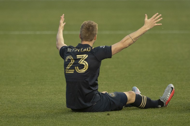 May 12, 2021; Chester, Pennsylvania, USA; Philadelphia Union forward Kacper Przybylko (23) reacts against the New England Revolution in the first half at Subaru Park. Mandatory Credit: Mitchell Leff-USA TODAY Sports