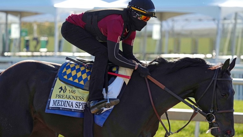 May 13, 2021; Baltimore, MD, USA; Medina Spirit during a morning workout at Pimlico Race Course. Mandatory Credit: Mitch Stringer-USA TODAY Sports