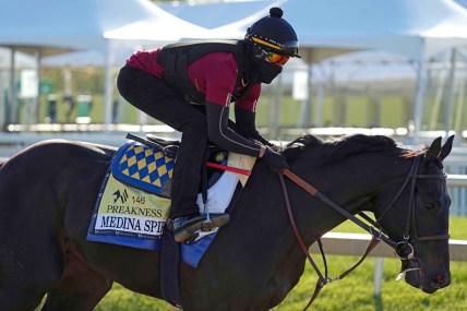 May 13, 2021; Baltimore, MD, USA; Medina Spirit during a morning workout at Pimlico Race Course. Mandatory Credit: Mitch Stringer-USA TODAY Sports
