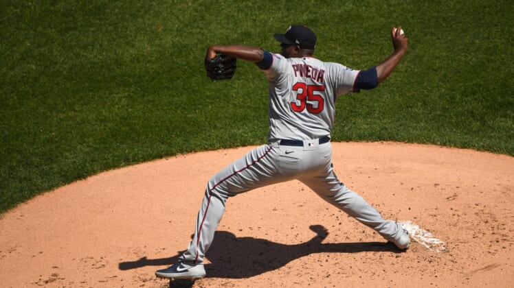 May 13, 2021; Chicago, Illinois, USA; Minnesota Twins starting pitcher Michael Pineda (35) pitches in the first inning against the Chicago White Sox at Guaranteed Rate Field. Mandatory Credit: Quinn Harris-USA TODAY Sports