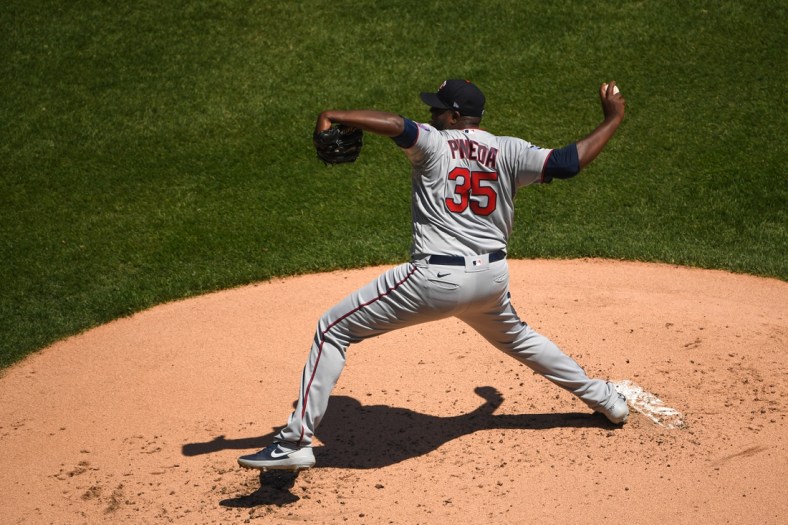 May 13, 2021; Chicago, Illinois, USA; Minnesota Twins starting pitcher Michael Pineda (35) pitches in the first inning against the Chicago White Sox at Guaranteed Rate Field. Mandatory Credit: Quinn Harris-USA TODAY Sports