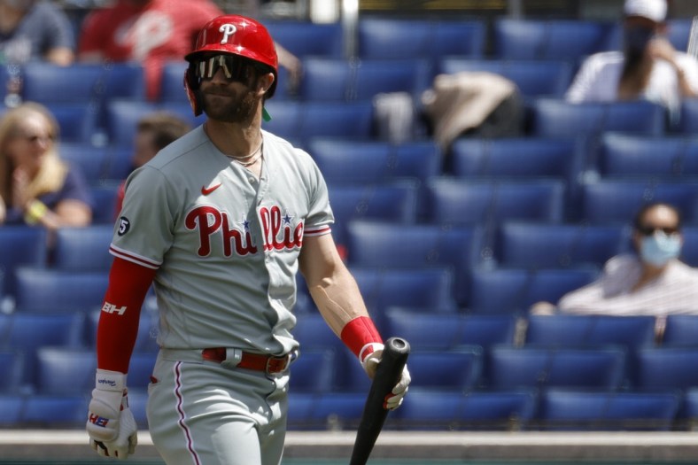 May 13, 2021; Washington, District of Columbia, USA; Philadelphia Phillies right fielder Bryce Harper (3) walks back to the dugout after striking out against the Washington Nationals in the sixth inning at Nationals Park. Mandatory Credit: Geoff Burke-USA TODAY Sports