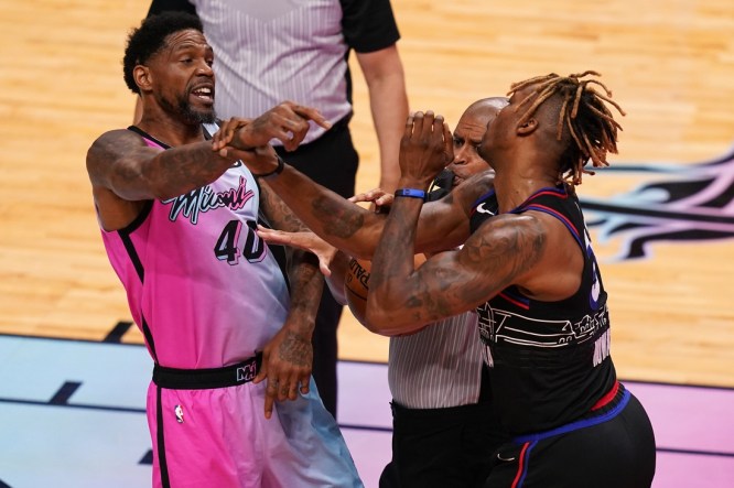 May 13, 2021; Miami, Florida, USA; Miami Heat forward Udonis Haslem (40) and Philadelphia 76ers center Dwight Howard (39) get into an altercation during the first half at American Airlines Arena. Mandatory Credit: Jasen Vinlove-USA TODAY Sports