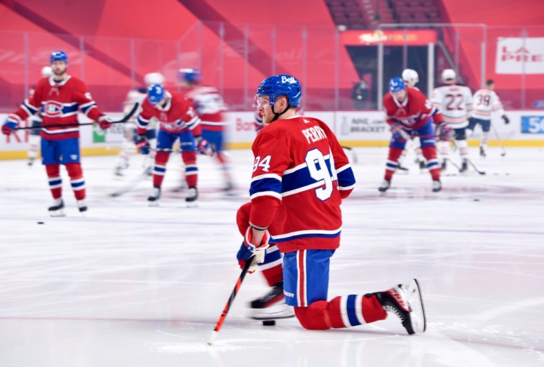 May 10, 2021; Montreal, Quebec, CAN; Montreal Canadiens forward Corey Perry (94) stretches during the warmup period before the game against the Edmonton Oilers at the Bell Centre. Mandatory Credit: Eric Bolte-USA TODAY Sports