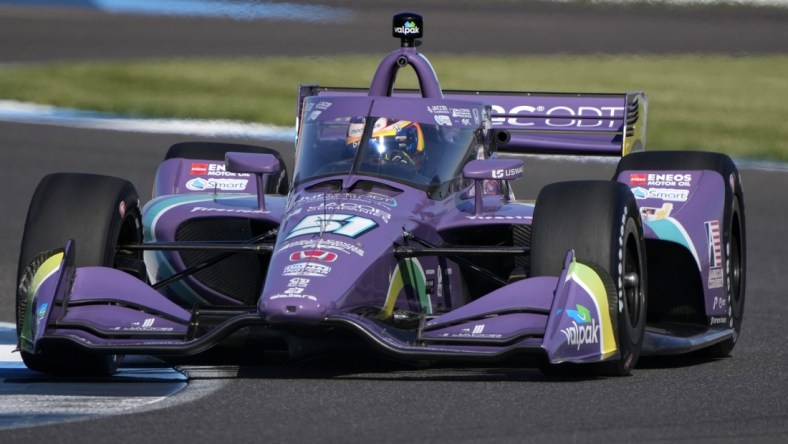 May 14, 2021; Indianapolis, IN, USA; Indy Series driver Romain Grosjean (51) during practice for the GMR Grand Prix at the Indianapolis Motor Speedway. Mandatory Credit: Mike Dinovo-USA TODAY Sports