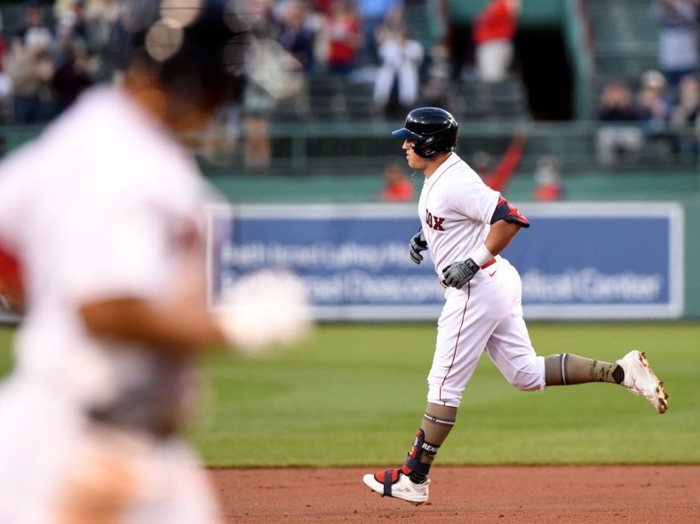 May 14, 2021; Boston, Massachusetts, USA; Boston Red Sox right fielder Hunter Renfroe (10) runs the bases with third baseman Rafael Devers (foreground) after hitting a two-run home run against the Los Angeles Angels during the second inning at Fenway Park. Mandatory Credit: Brian Fluharty-USA TODAY Sports