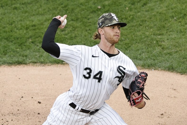 May 14, 2021; Chicago, Illinois, USA; Chicago White Sox starting pitcher Michael Kopech (34) delivers a pitch against the Kansas City Royals during the first inning of the second game of a doubleheader at Guaranteed Rate Field. Mandatory Credit: Kamil Krzaczynski-USA TODAY Sports