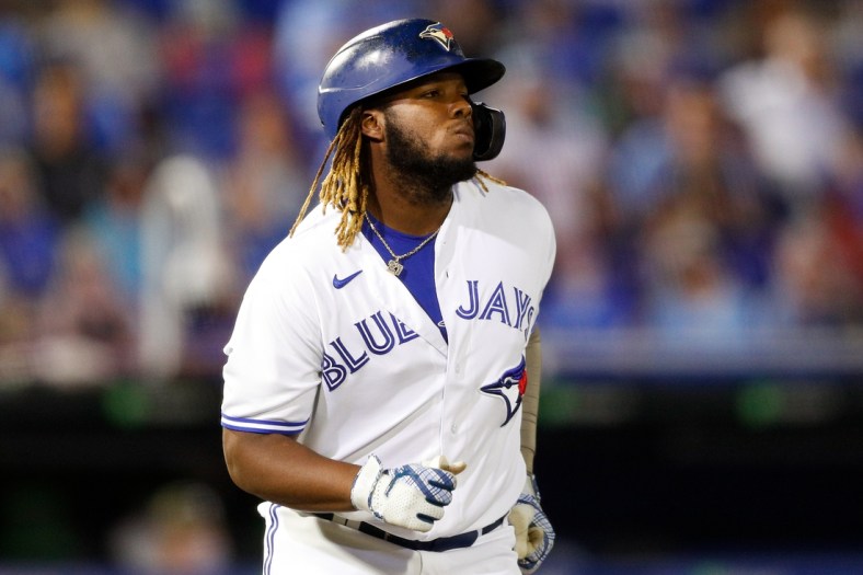 May 14, 2021; Dunedin, Florida, CAN; Toronto Blue Jays designated hitter Vladimir Guerrero Jr. (27) walks in the third inning in a game against the Philadelphia Phillies at TD Ballpark. Mandatory Credit: Nathan Ray Seebeck-USA TODAY Sports