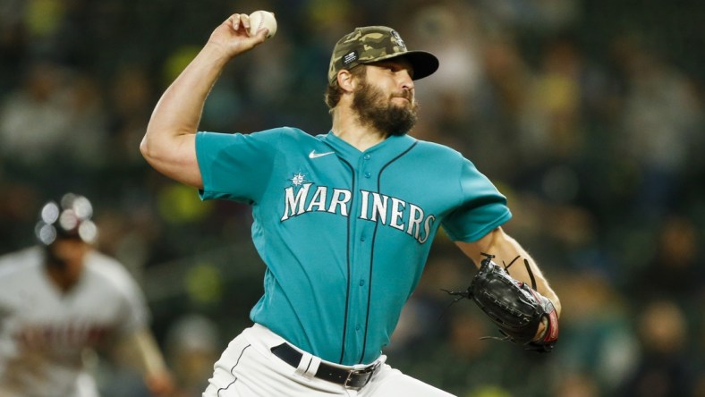 May 14, 2021; Seattle, Washington, USA; Seattle Mariners starting pitcher Kendall Graveman (49) throws against the Cleveland Indians during the seventh inning at T-Mobile Park. Mandatory Credit: Joe Nicholson-USA TODAY Sports