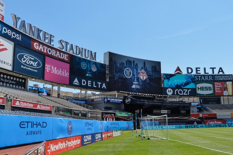 May 15, 2021; New York, New York, USA; A general view of the scoreboard before the game between New York City FC and Toronto FC at Yankee Stadium. Mandatory Credit: Vincent Carchietta-USA TODAY Sports