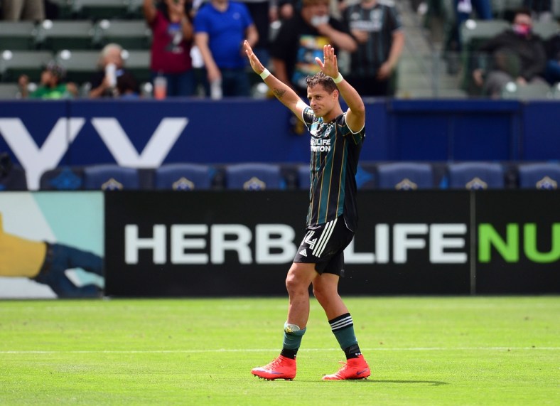 May 15, 2021; Carson, California, USA; Los Angeles Galaxy forward Javier Hernandez (14) celebrates his goal scored against Austin FC during the second half at Dignity Health Sports Park. Mandatory Credit: Gary A. Vasquez-USA TODAY Sports