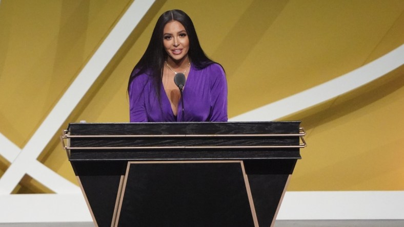 May 15, 2021; Uncasville, Connecticut, USA;  Vanessa Bryant, wife of the late Kobe Bryant, speaks on his behalf during the Class of 2020 Naismith Memorial Basketball Hall of Fame Enshrinement ceremony at Mohegan Sun Arena. Mandatory Credit: David Butler II-USA TODAY Sports