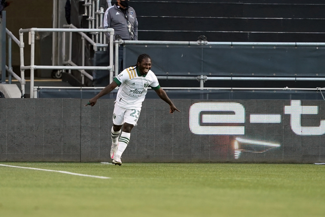 May 15, 2021; San Jose, California, USA; Portland Timbers forward Yimmi Chara (23) celebrates after scoring a goal during the first half against the San Jose Earthquakes at Avaya Stadium. Mandatory Credit: Darren Yamashita-USA TODAY Sports