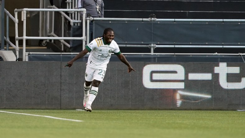 May 15, 2021; San Jose, California, USA; Portland Timbers forward Yimmi Chara (23) celebrates after scoring a goal during the first half against the San Jose Earthquakes at Avaya Stadium. Mandatory Credit: Darren Yamashita-USA TODAY Sports