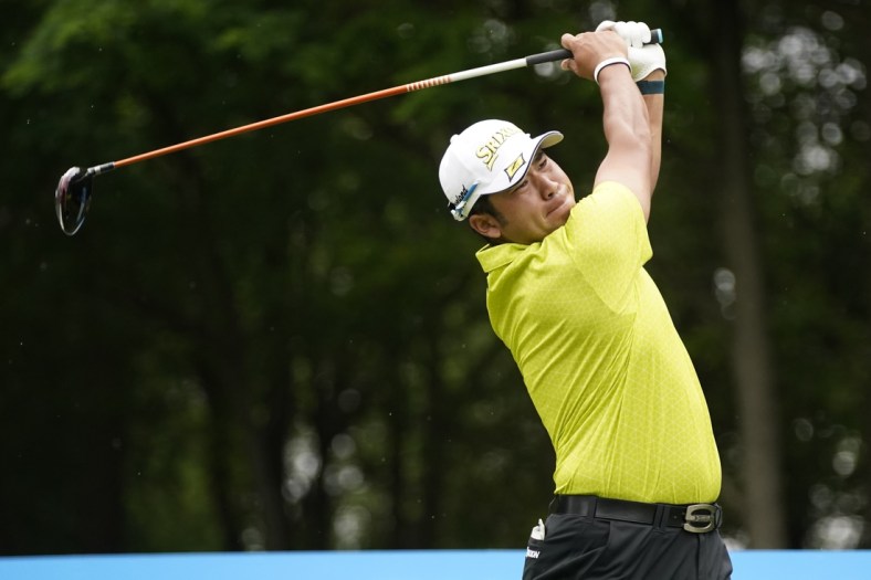 May 16, 2021; McKinney, Texas, USA; Hideki Matsuyama plays his shot from the second tee during the final round of the AT&T Byron Nelson golf tournament. Mandatory Credit: Jim Cowsert-USA TODAY Sports