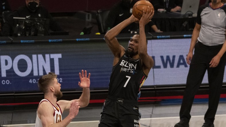 May 16, 2021; Brooklyn, New York, USA; Brooklyn Nets power forward Kevin Durant (7) shoots a jump shot during the second quarter against the Cleveland Cavaliers at Barclays Center. Mandatory Credit: Gregory Fisher-USA TODAY Sports