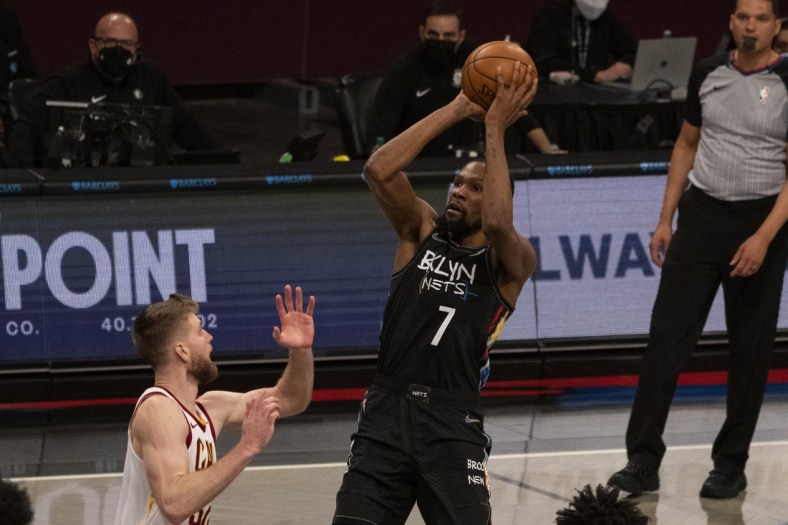 May 16, 2021; Brooklyn, New York, USA; Brooklyn Nets power forward Kevin Durant (7) shoots a jump shot during the second quarter against the Cleveland Cavaliers at Barclays Center. Mandatory Credit: Gregory Fisher-USA TODAY Sports