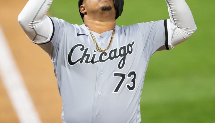 May 17, 2021; Minneapolis, Minnesota, USA; Chicago White Sox designated hitter Yermin Mercedes (73) reacts after hitting a home run during the ninth inning against the Minnesota Twins at Target Field. Mandatory Credit: Jordan Johnson-USA TODAY Sports