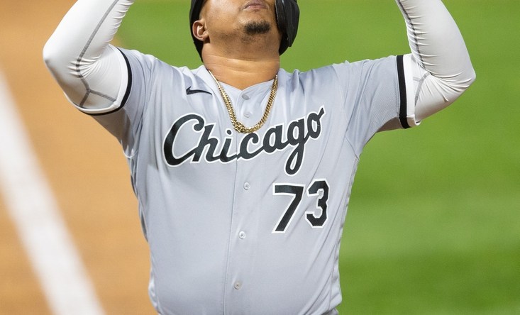 May 17, 2021; Minneapolis, Minnesota, USA; Chicago White Sox designated hitter Yermin Mercedes (73) reacts after hitting a home run during the ninth inning against the Minnesota Twins at Target Field. Mandatory Credit: Jordan Johnson-USA TODAY Sports