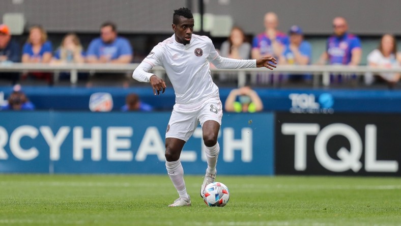 May 16, 2021; Cincinnati, OH, USA; Inter Miami midfielder Blaise Matuidi (8) dribbles against FC Cincinnati in the first half at TQL Stadium. Mandatory Credit: Katie Stratman-USA TODAY Sports