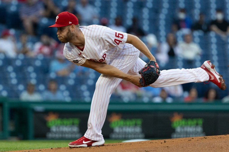 May 18, 2021; Philadelphia, Pennsylvania, USA; Philadelphia Phillies starting pitcher Zack Wheeler (45) throws a pitch during the first inning against the Miami Marlins at Citizens Bank Park. Mandatory Credit: Bill Streicher-USA TODAY Sports