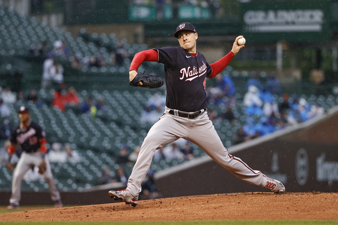 May 18, 2021; Chicago, Illinois, USA; Washington Nationals starting pitcher Patrick Corbin (46) delivers against the Chicago Cubs during the first inning at Wrigley Field. Mandatory Credit: Kamil Krzaczynski-USA TODAY Sports