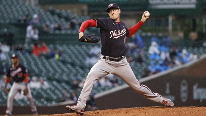 May 18, 2021; Chicago, Illinois, USA; Washington Nationals starting pitcher Patrick Corbin (46) delivers against the Chicago Cubs during the first inning at Wrigley Field. Mandatory Credit: Kamil Krzaczynski-USA TODAY Sports