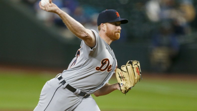 May 18, 2021; Seattle, Washington, USA; Detroit Tigers starting pitcher Spencer Turnbull (56) throws against the Seattle Mariners during the fourth inning during the second inning at T-Mobile Park. Mandatory Credit: Joe Nicholson-USA TODAY Sports