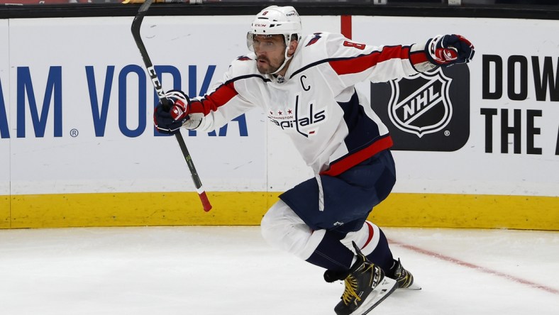 May 19, 2021; Boston, Massachusetts, USA; Washington Capitals left wing Alex Ovechkin (8) celebrates his goal against the Boston Bruins during the second period in game three of the first round of the 2021 Stanley Cup Playoffs at TD Garden. Mandatory Credit: Winslow Townson-USA TODAY Sports