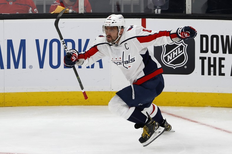 May 19, 2021; Boston, Massachusetts, USA; Washington Capitals left wing Alex Ovechkin (8) celebrates his goal against the Boston Bruins during the second period in game three of the first round of the 2021 Stanley Cup Playoffs at TD Garden. Mandatory Credit: Winslow Townson-USA TODAY Sports