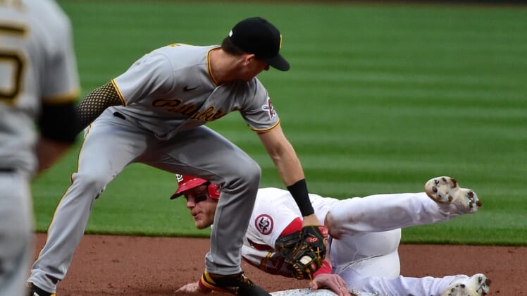 May 19, 2021; St. Louis, Missouri, USA;  St. Louis Cardinals center fielder Harrison Bader (48) steals second base as he slides safely past Pittsburgh Pirates shortstop Kevin Newman (27) during the second inning at Busch Stadium. Mandatory Credit: Jeff Curry-USA TODAY Sports
