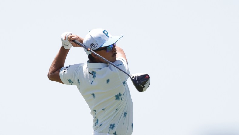 May 20, 2021; Kiawah Island, South Carolina, USA; Rickie Fowler hits his tee shot on the 9th hole during the first round of the PGA Championship golf tournament. Mandatory Credit: Geoff Burke-USA TODAY Sports