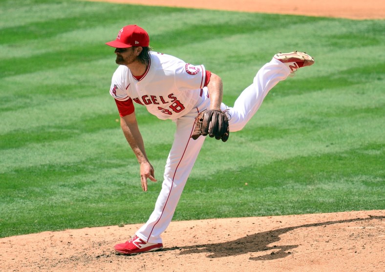 May 20, 2021; Anaheim, California, USA; Los Angeles Angels starting pitcher Alex Cobb (38) throws against the Minnesota Twins during the fourth inning at Angel Stadium. Mandatory Credit: Gary A. Vasquez-USA TODAY Sports