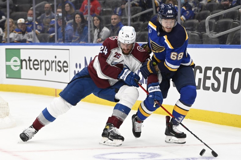May 21, 2021; St. Louis, Missouri, USA; Colorado Avalanche defenseman Patrik Nemeth (24) battles St. Louis Blues center Mike Hoffman (68) in game three of the first round of the 2021 Stanley Cup Playoffs at Enterprise Center. Mandatory Credit: Jeff Le-USA TODAY Sports