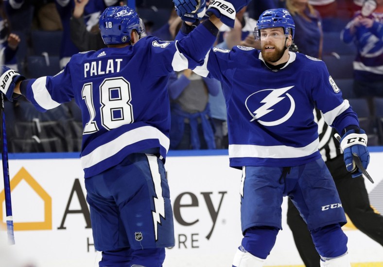 May 22, 2021; Tampa, Florida, USA; Tampa Bay Lightning left wing Ondrej Palat (18) is congratulated by  defenseman Erik Cernak (81) as he scores a goal against the Florida Panthers during the first period in game four of the first round of the 2021 Stanley Cup Playoffs at Amalie Arena. Mandatory Credit: Kim Klement-USA TODAY Sports