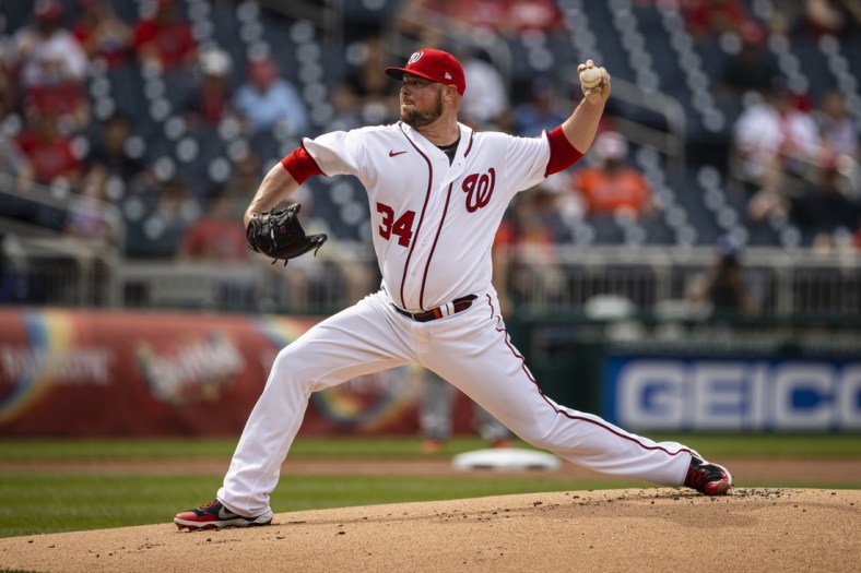 May 22, 2021; Washington, District of Columbia, USA; Washington Nationals starting pitcher Jon Lester (34) pitches during the first inning against the Baltimore Orioles  at Nationals Park. Mandatory Credit: Scott Taetsch-USA TODAY Sports