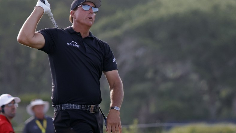 May 22, 2021; Kiawah Island, South Carolina, USA; Phil Mickelson hits from the sixteenth tee during the third round of the PGA Championship golf tournament. Mandatory Credit: Geoff Burke-USA TODAY Sports